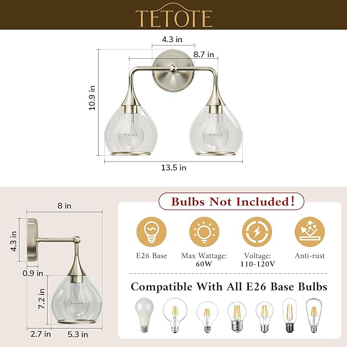 TETOTE 2-Light Modern Bathroom Light Fixtures, 2 Light Vanity Lights Over Mirror Brushed Nickel Wall Lamp with Clear Glass for Bathroom, Mirror, Living Room, Bedroom, Hallway