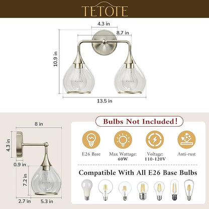 TETOTE 2-Light Modern Bathroom Light Fixtures, 2 Light Vanity Lights Over Mirror Brushed Nickel Wall Lamp with Clear Glass for Bathroom, Mirror, Living Room, Bedroom, Hallway