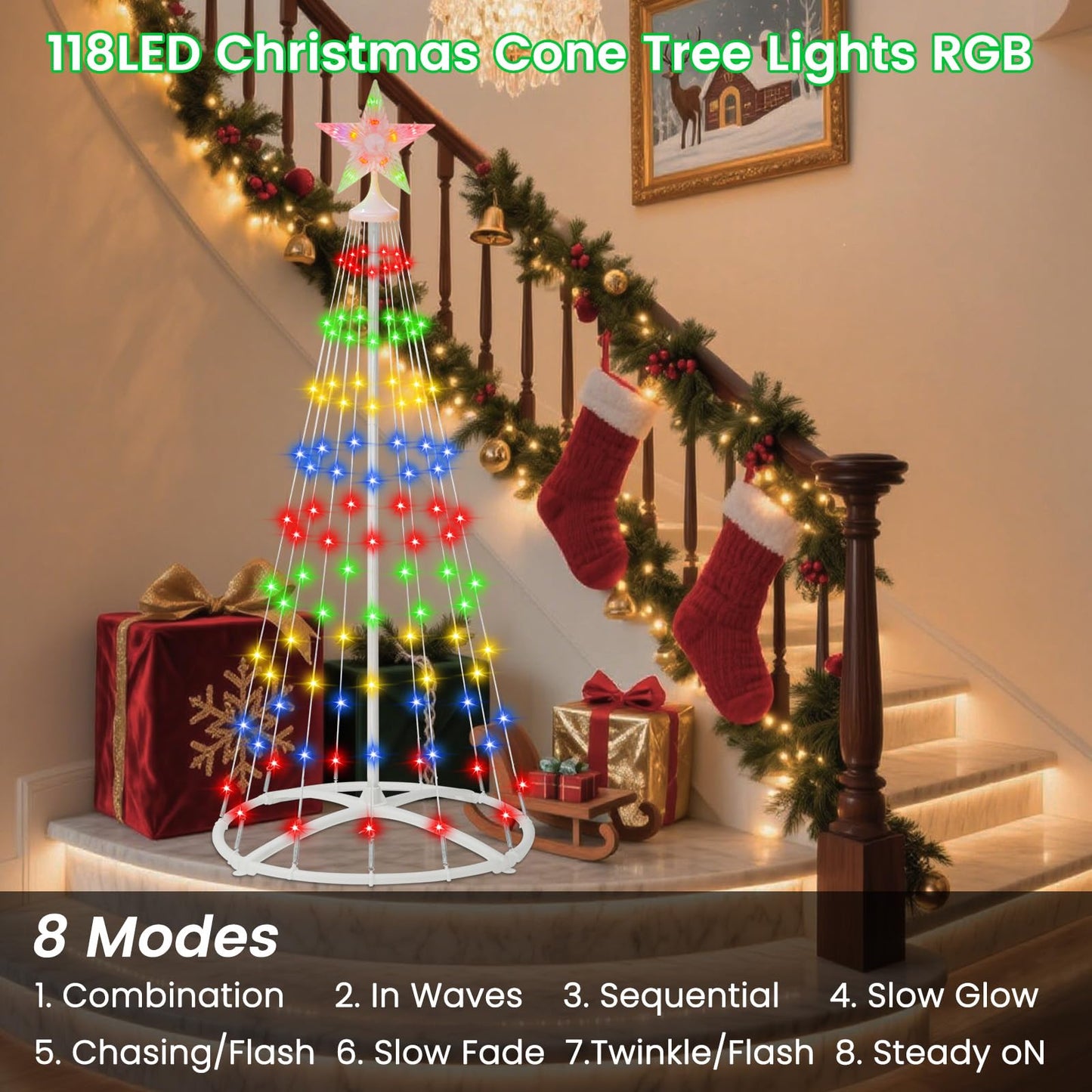 IDEAALS 4FT 118LED Outdoor Solar Christmas Cone Tree Lights, 8 Modes Timer Remote RGB Christmas Tree Lights with Star Topper for Xmas Yard Porch Patio Holiday Decor