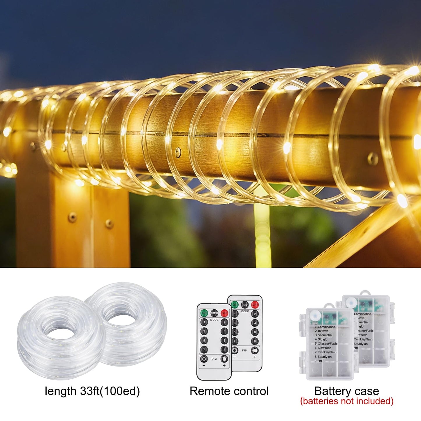 2 Pack Battery Powered String Lights Waterproof with Remote Total 66ft 200LED Timer 8 Modes Battery Operated Outdoor Lights for Christmas Decor Trampoline Camping Tents, Warm White