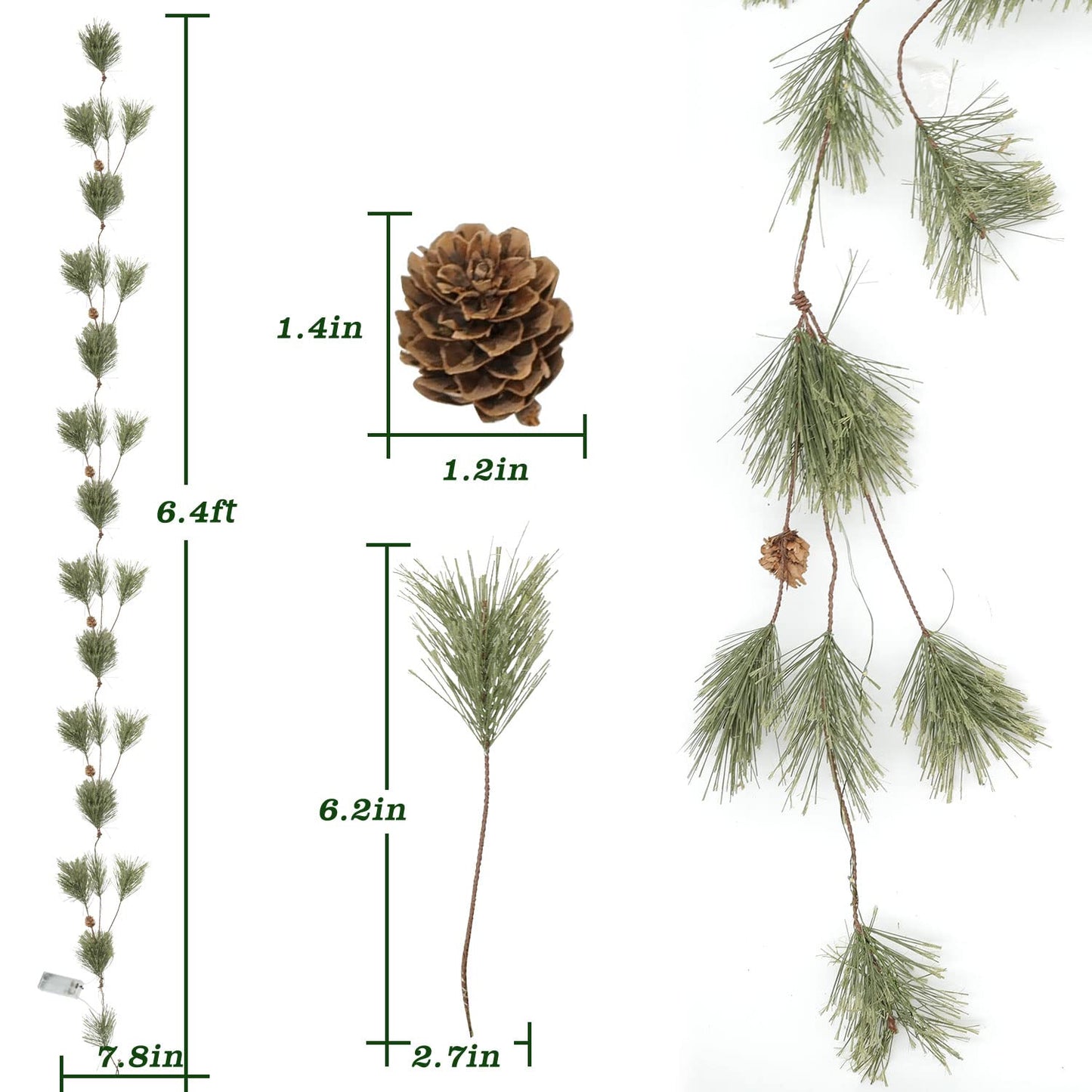 6.4ft Smokey Christmas Garland with Lights, Prelit Natual Rustic Cedar Pine Garland with Pine Cones for Home New Year, Mantle, Fireplace, Indoor Outdoor Decoration Simple Garland