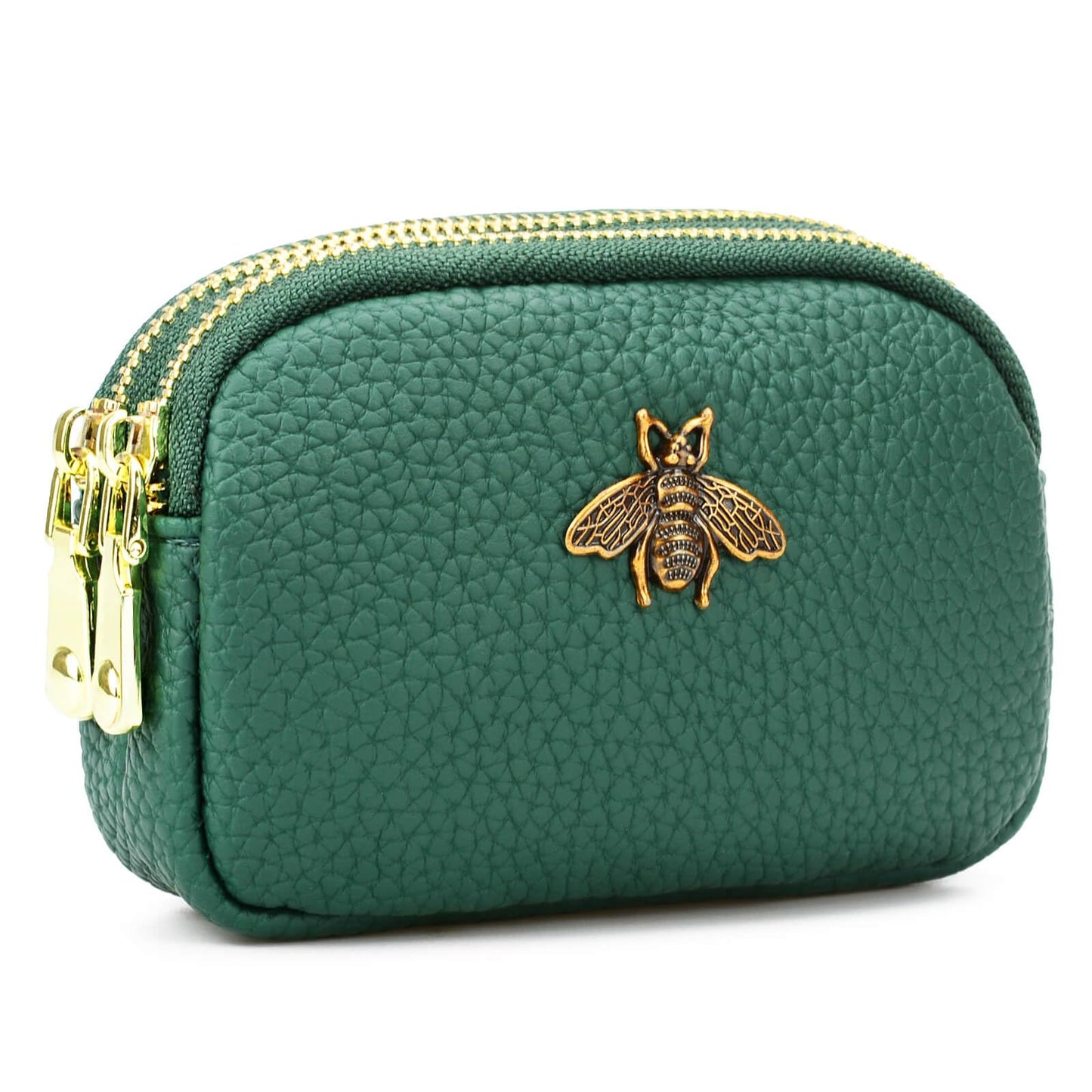 WOZEAH Leather Coin Purse for Women Small 2 Zipper Change Wallet with Key Ring Card Key Coin Cash Holder Pouch(Green)