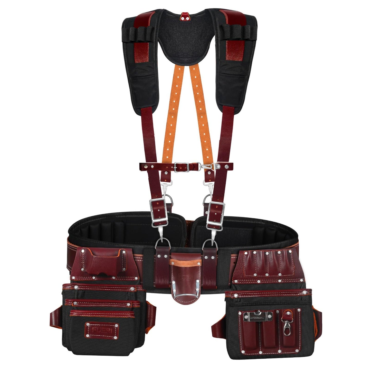 FUERI Electrician's Heavy Duty 26 Pocket Leather-Nylon Tool Belt & Suspender Combo, Comfort Back Support Padded Belt, 2 Large Storage Capacity Pouches, Best for Framers, Carpenter, Roofing
