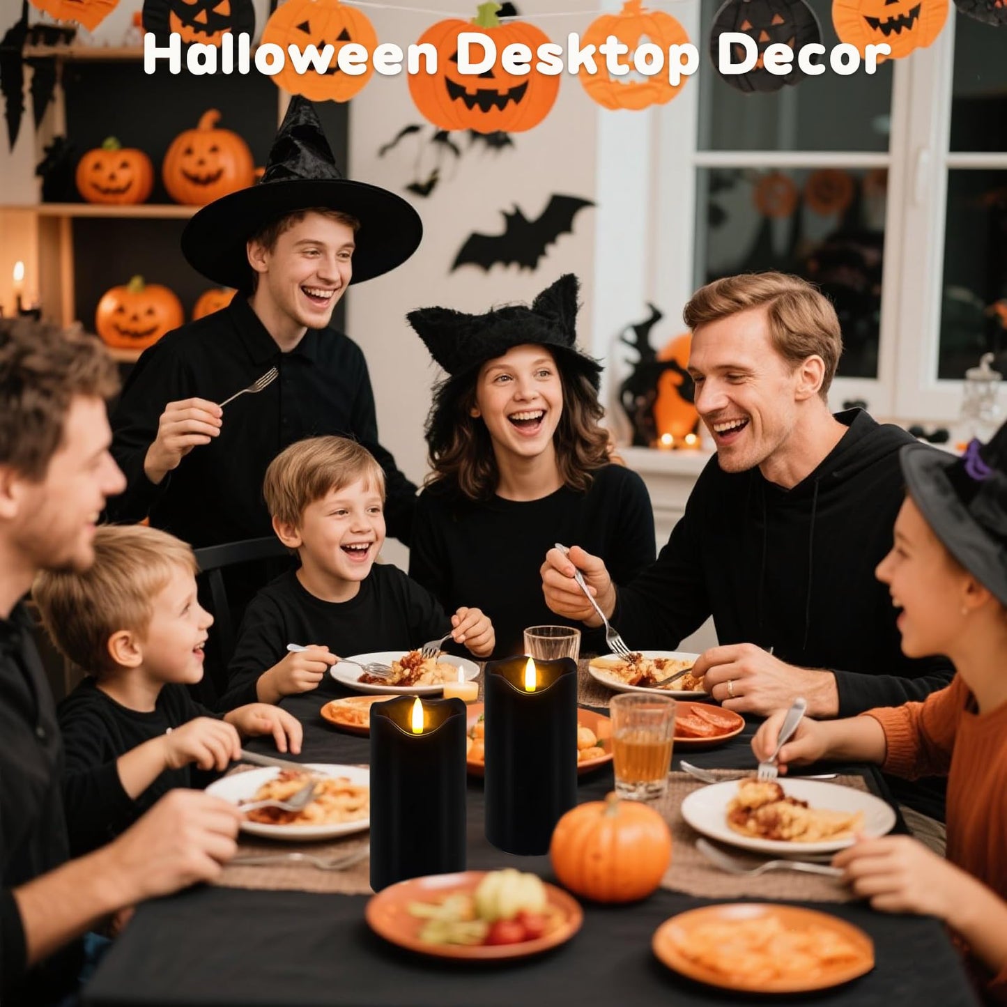 Black Flameless Candles, Set of 2 6"x3" Flickering LED Candles with Remote & Timer, Dimmable Real Wax Electric Pillar Candles Battery Operated, Flameless Candles Light for Home Halloween Decor (Black)