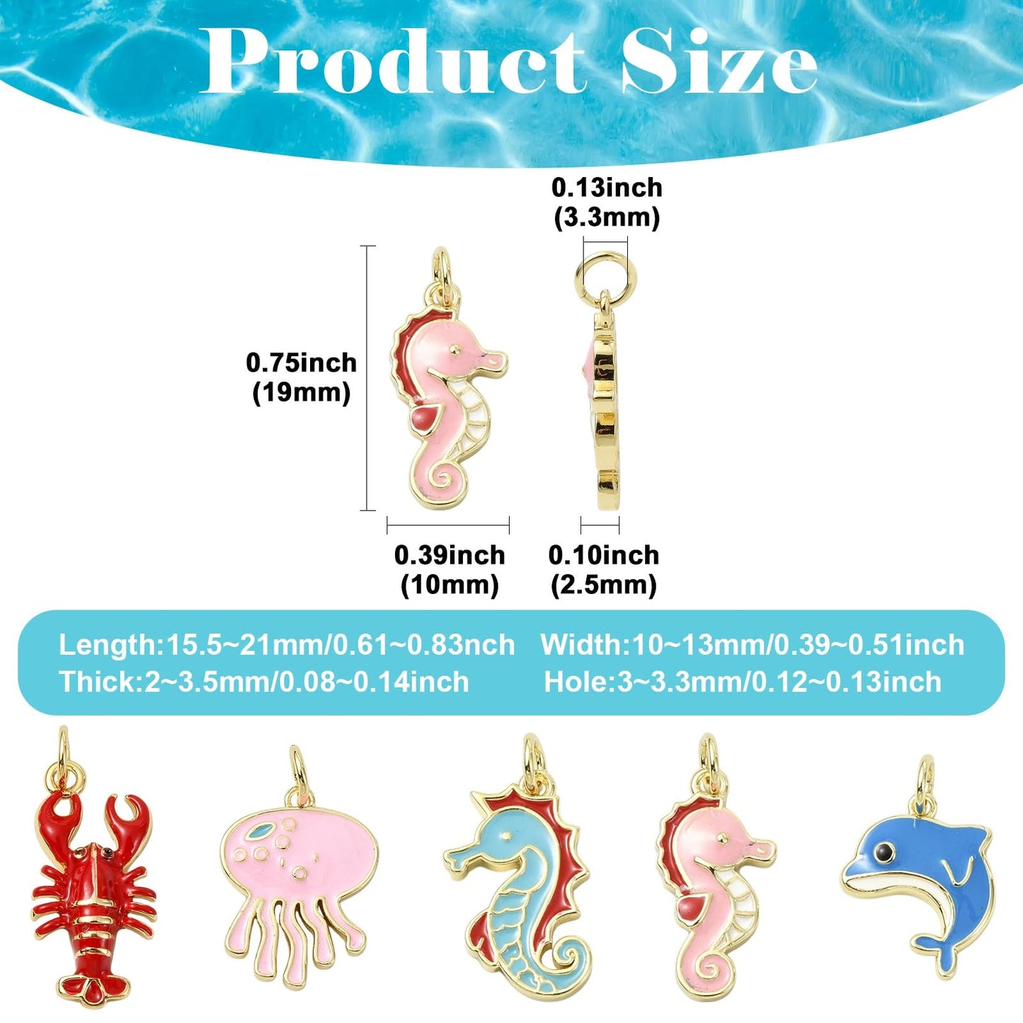 Stiesy Ocean Animal Theme Enamel Charms 5Pcs Brass Jellyfish Lobster Dolphin Sea Horse Marine Life Pendants 18K Gold Plated with Jump Rings for Beach Jewelry Making Sea Inspired Necklaces