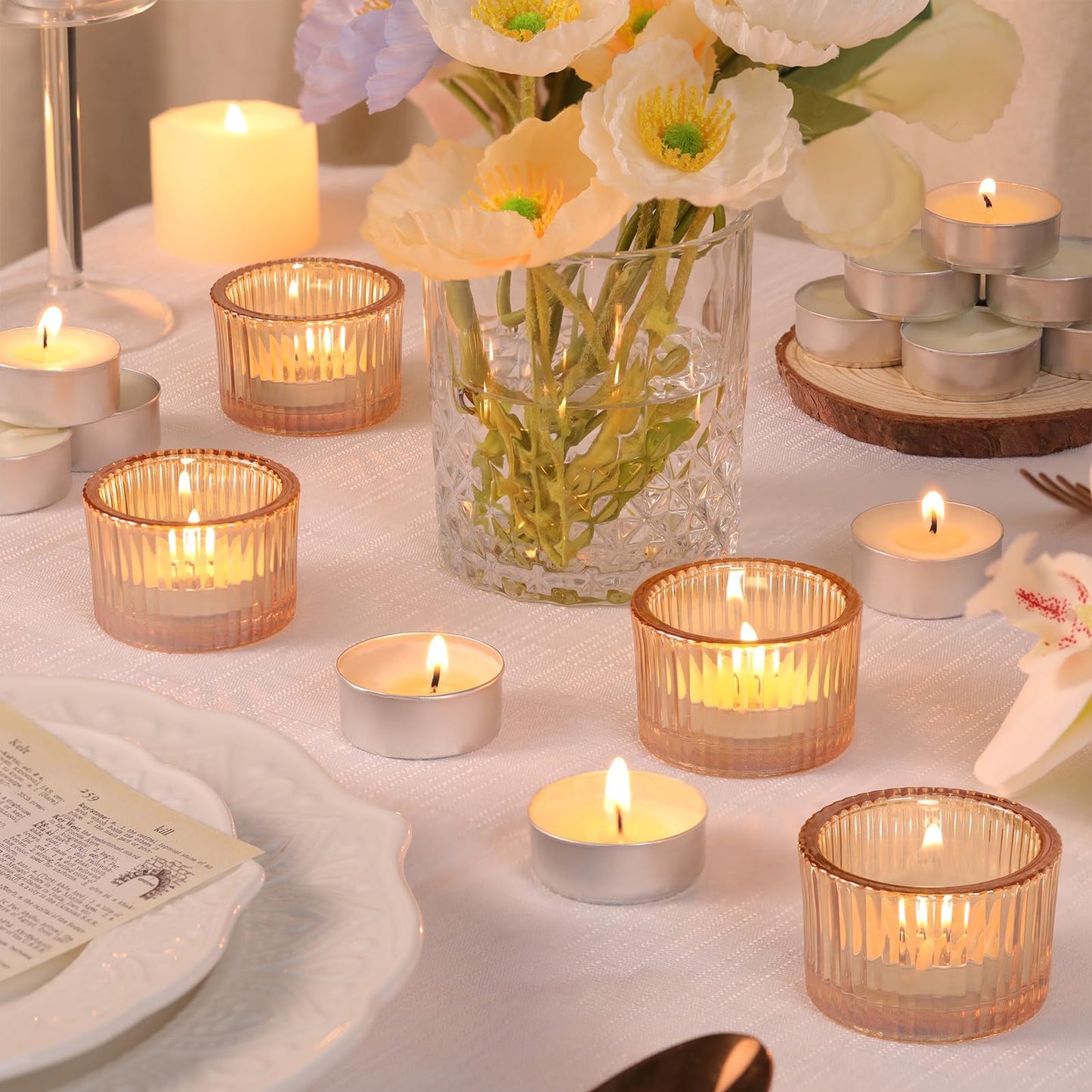 HAVITI 18 Pcs Gold Tealight Candle Holders with 18PCS Tealights, Glass Votive Candle Holders Set for Table Centerpiece, Home Decor and Party Supplies