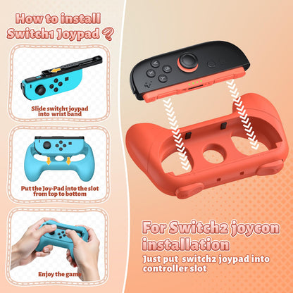 [Switch 1/2 Compatible] FASTSNAIL Grips for Nintendo Switch2 (2025)/Switch&OLED for Joy-Con2, Wear-Resistant & Anti-Slip Controller Grips Handle Kit, Switch2 Joycon Holder Accessories (Orange,Blue)