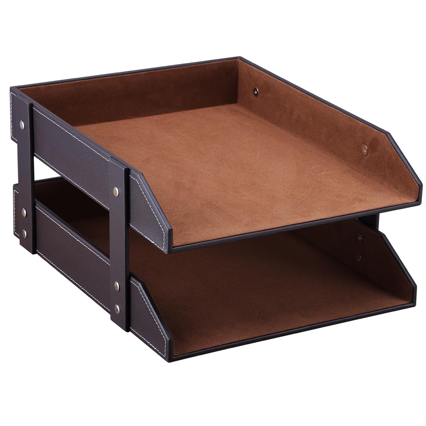 KINGFOM Letter Tray, Leather Paper Organizer Tray, Wooden Desk File Holder, Desktop File, Stackable Magazine Holder, Mail Sorter, Great for Home or Office - 2 Level Brown