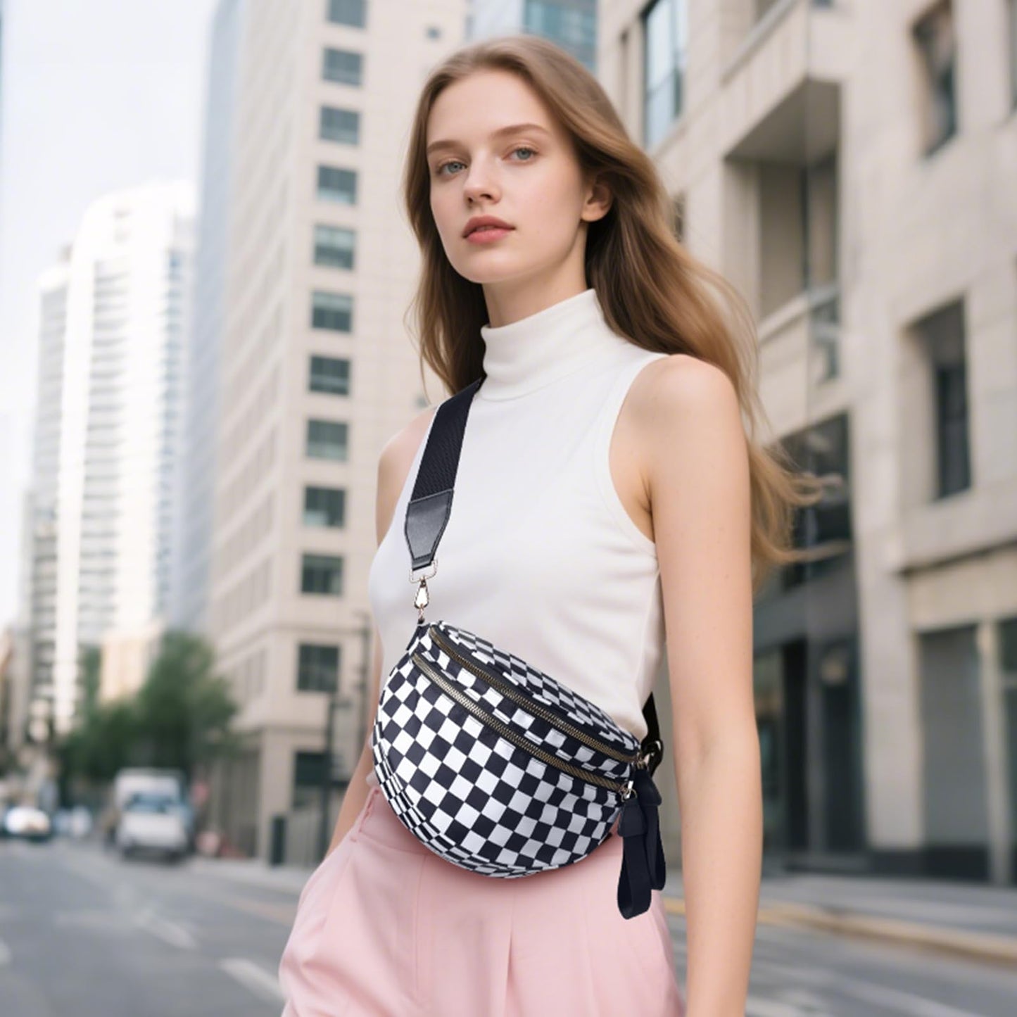 FFEDAYUN Checkered Crossbody Bag Spacious Bum Bags for Women Nylon Fanny Packs Belt Bag Handbags Wallets for Shopping Travel,Black White