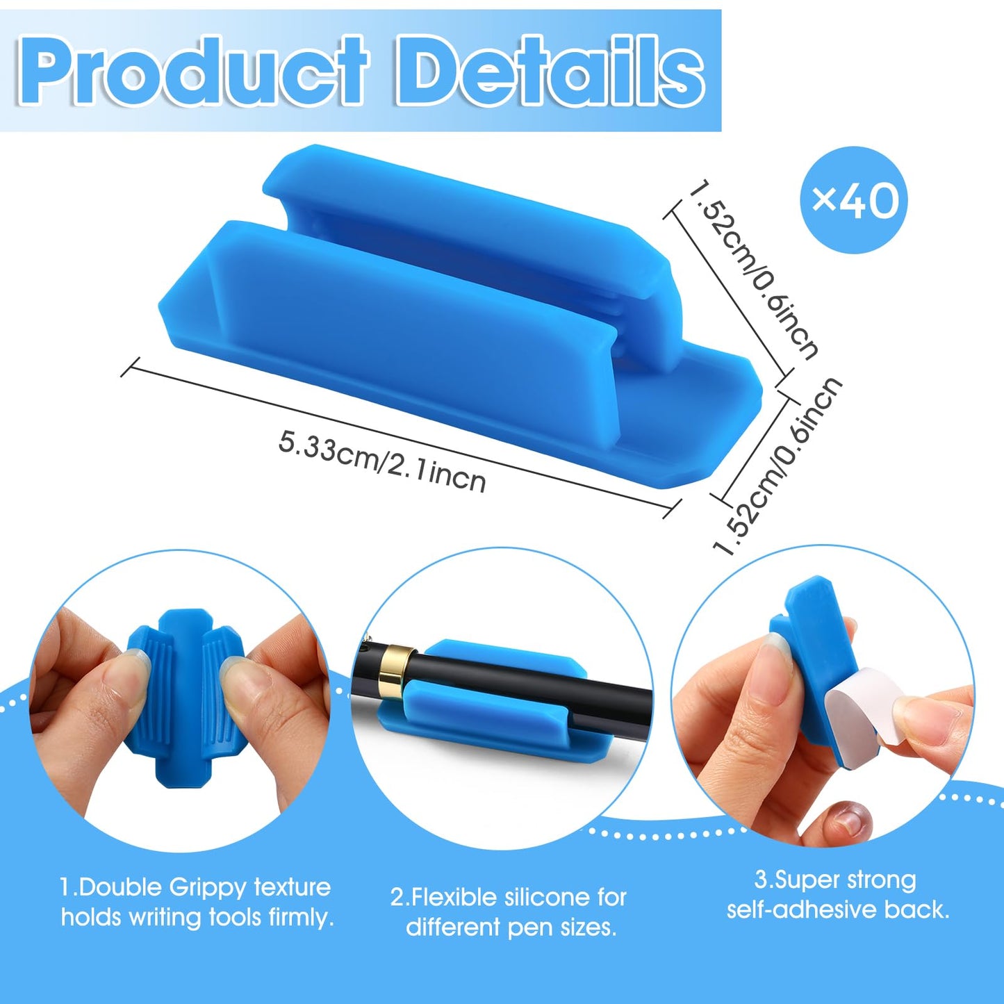 VZZNN Adhesive Pen Holders for Desk Set of 40 - Reusable Silicone Pencil Grips with Strong Sticky Pads, Flexible Pen Holder for Wall, Clipboard, Notebook, Office Essentials & Teacher Supplies (Blue)