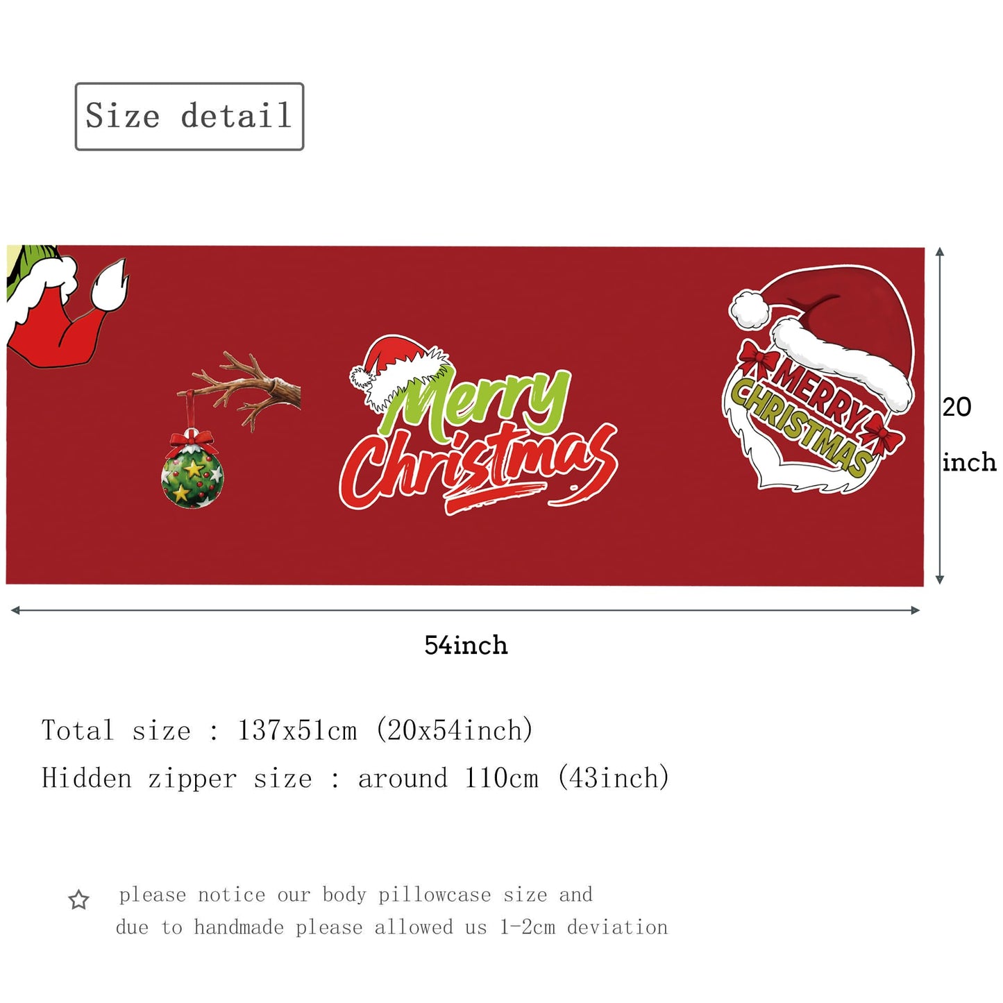 Cuteiush Christmas Body Pillowcase Xmas Holiday Red Large Body Pillowcovers Winter Sofa Home Decoration Cushion Pillow Protector 20x54inch