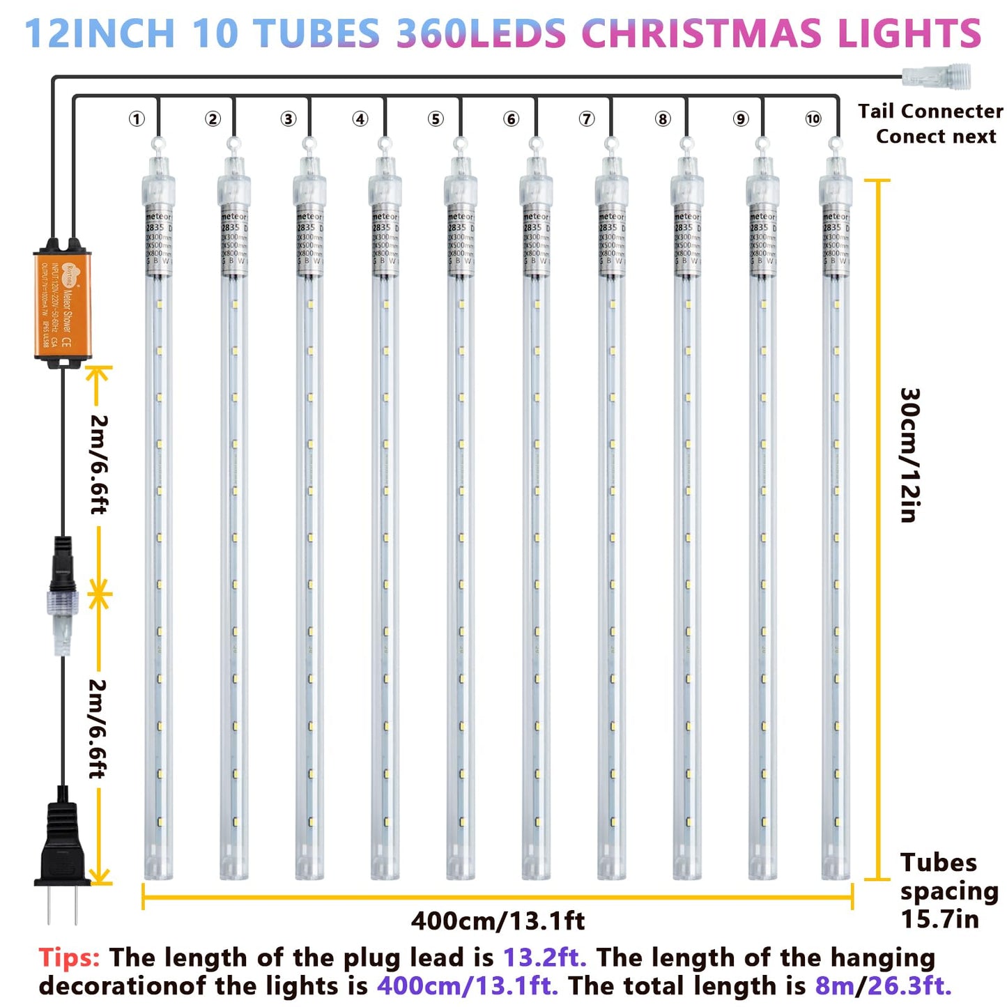 Roytong Christmas Red Meteor Shower Lights Outdoor - 12 Inch 10 Tube 360 LED High Brightness Falling Rain Icicle Cascading Lights for Xmas Halloween Tree Eaves Patio Decor (Can Connect 100 Sets)