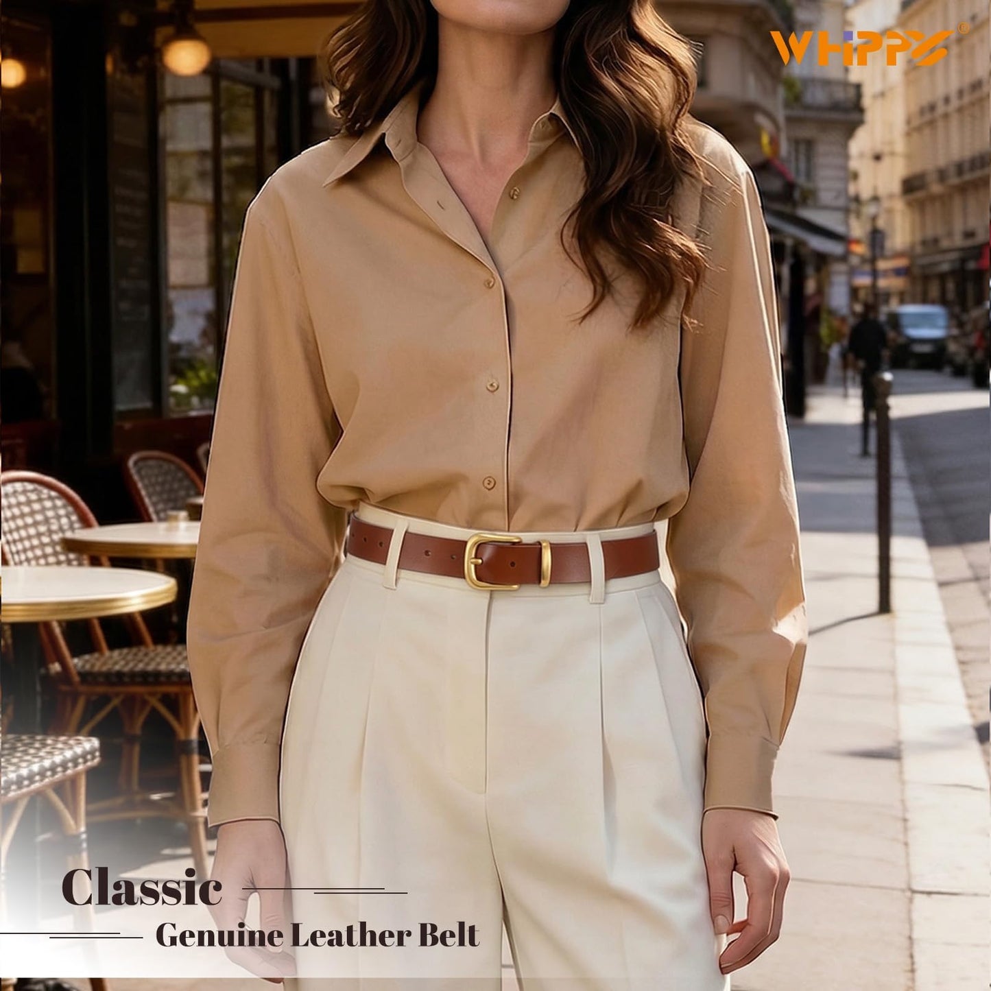 WHIPPY Womens Genuine Leather Belts for Jeans Pants Fashion Vintage Ladies Leather Belt with Gold Buckle, Cognac, S