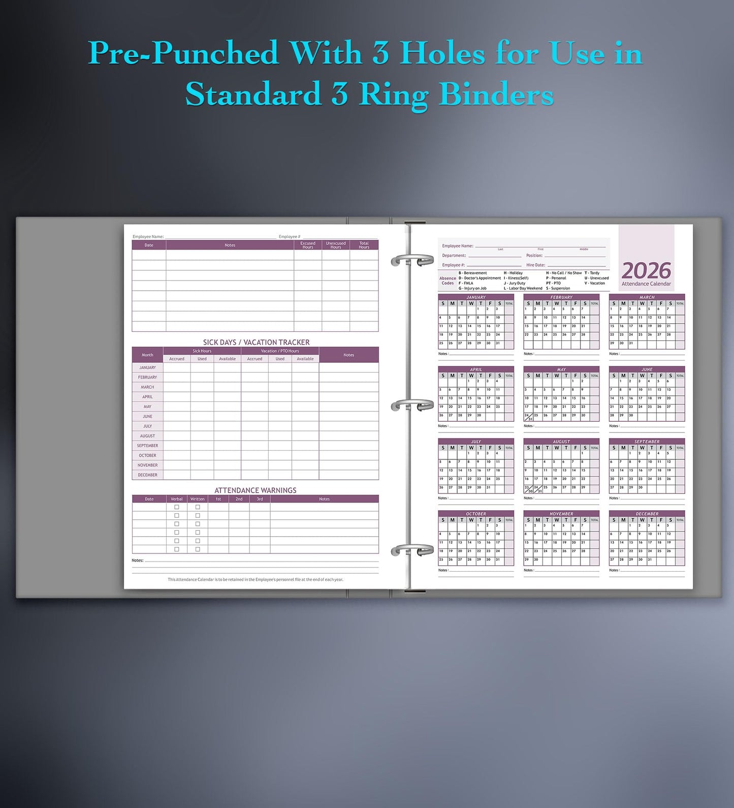 Attendance Calendar Employee Card Attendance Record Tracker 2026, Heavy 100lb Cardstock Paper 8.5 x 11 inches (Purple, Pack of 25 Sheets)