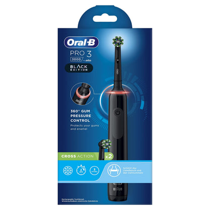 Oral-B PRO 3 3000 Electric Toothbrush/Electric Toothbrush, 2 CrossAction Replacement Brushes, with 3 Cleaning Modes and Visual 360° Pressure Control for Dental Care, Gift Man/Women, Black