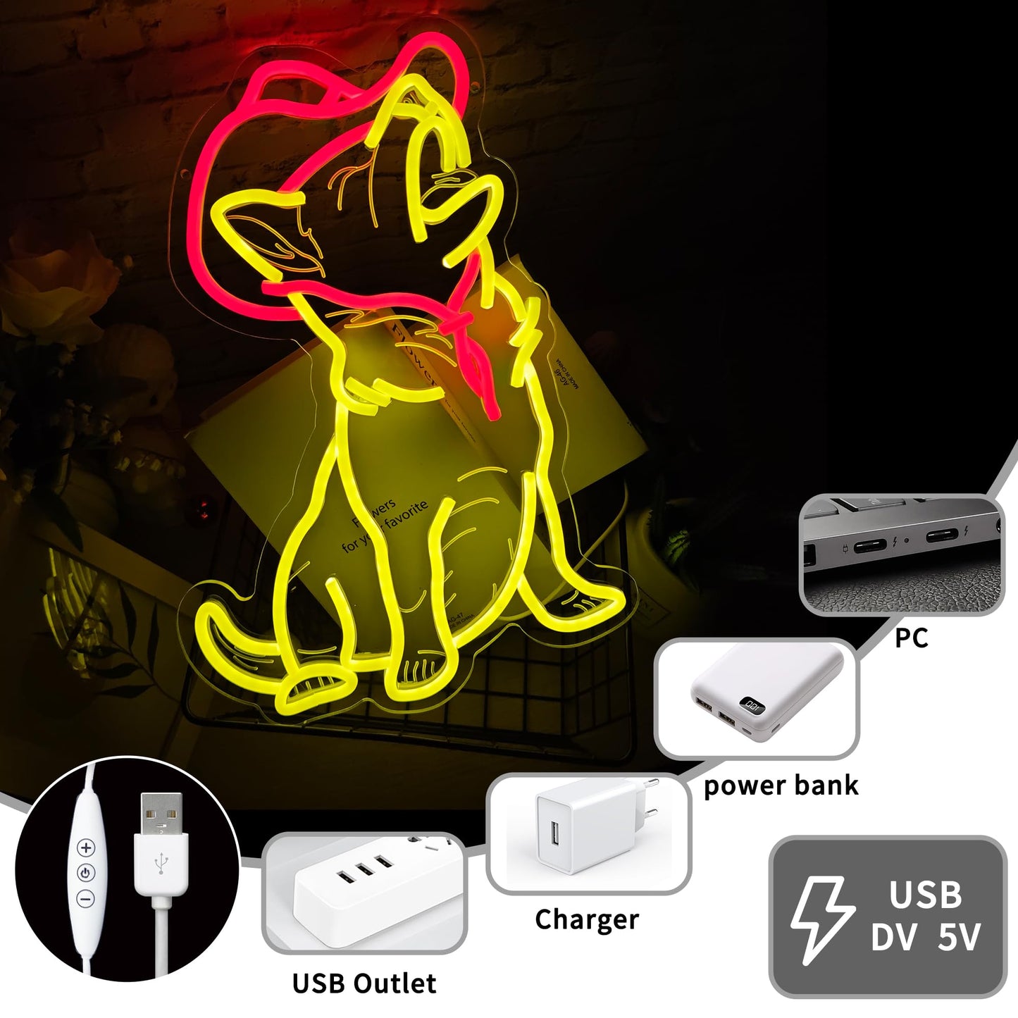 Dog with Cowboy Hat Neon Signs for Wall Decor, Cute Light Up Dog LED Sign for Bedroom, Animal Neon Lights for Birthday Christmas Party Gifts, USB Powered, Dimmable Brightness