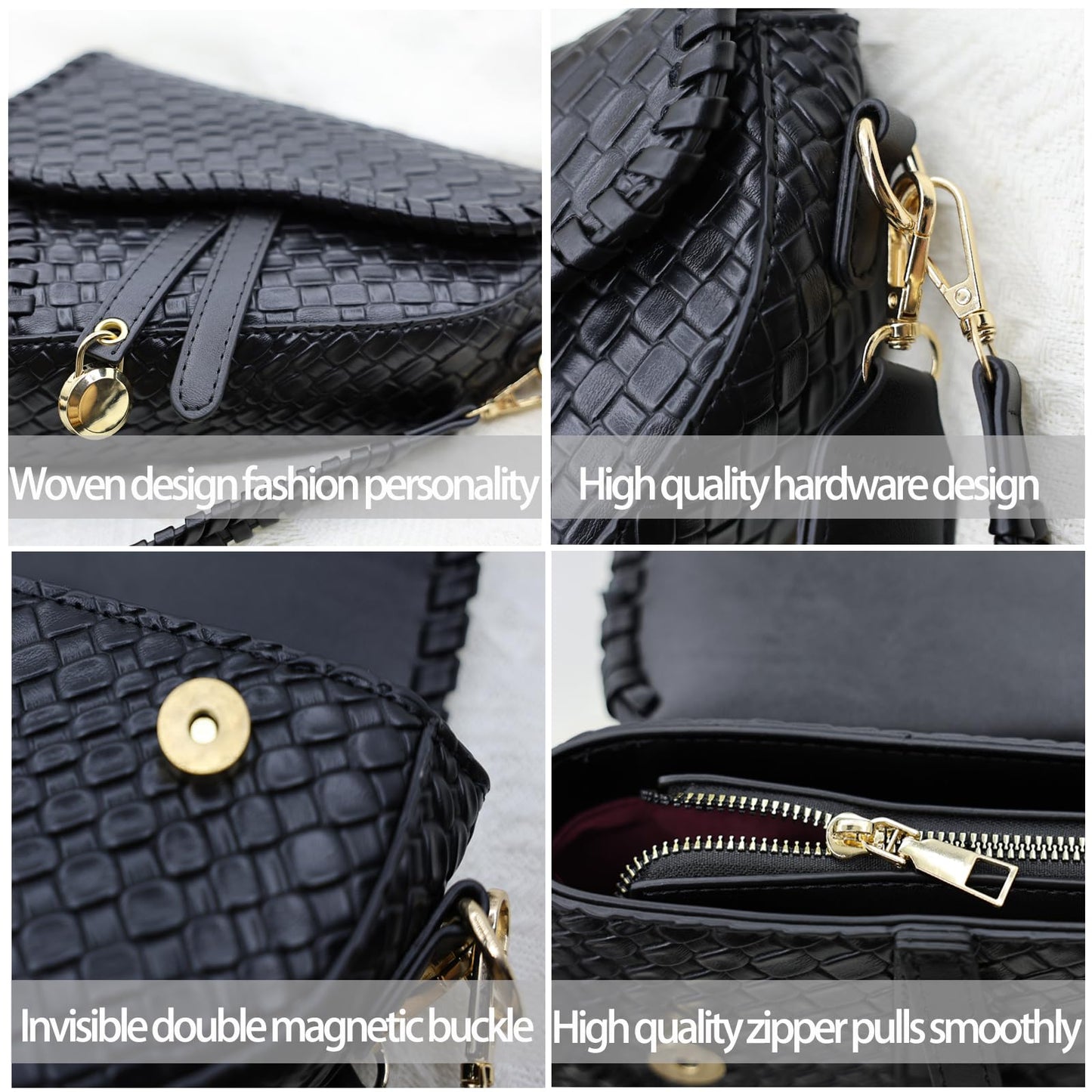 ERWUBA fashion women saddle shoulder bag clutch purse small crossbody satchel handbag woven imitation crocodile leather bag (Black)