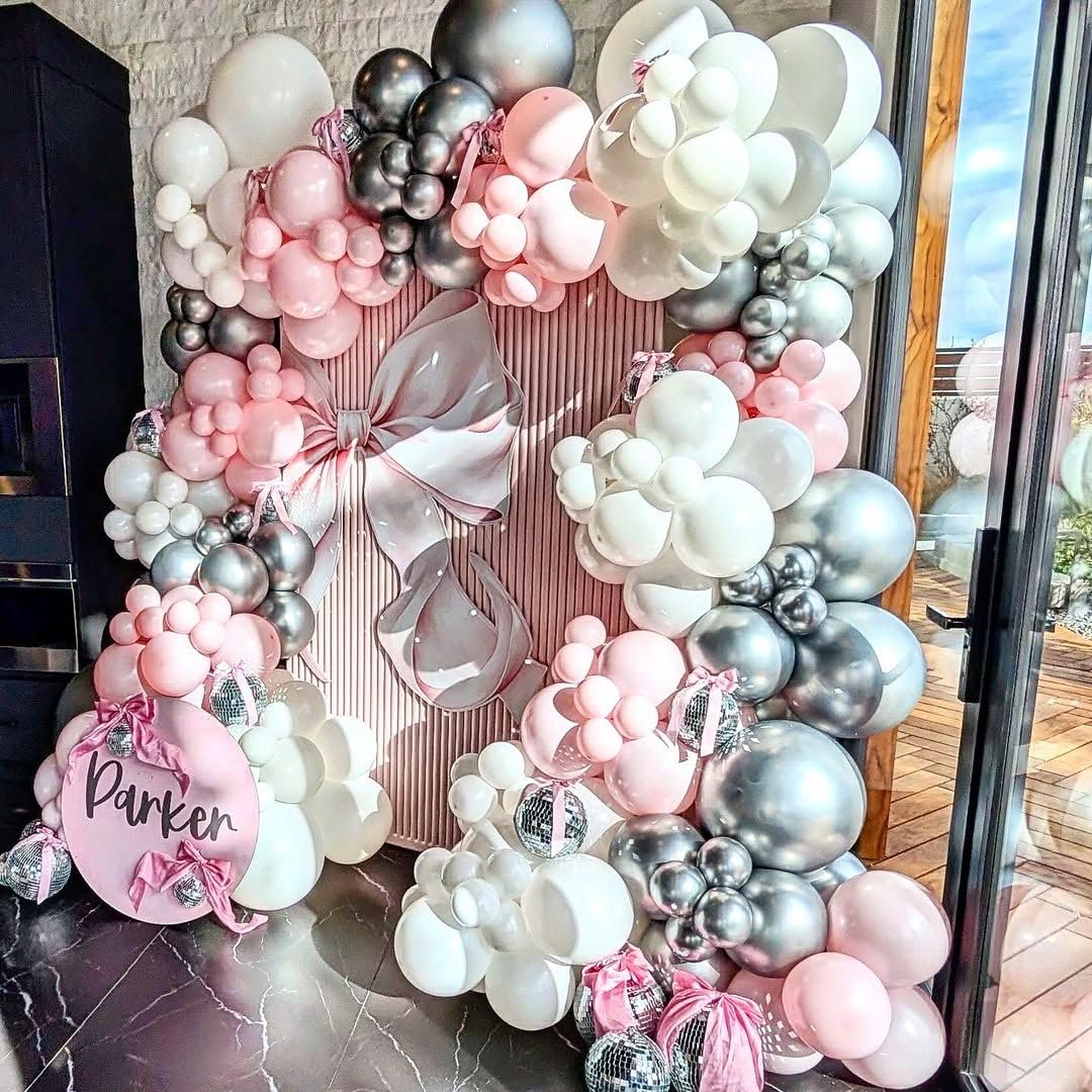 Pink White Silver Balloons Arch Kit, 154pcs Pink Winter Wonderland Balloons Garland Kit for Girls Princess Snowflake Theme Wedding Baby Shower Birthday Christmas Party Decorations