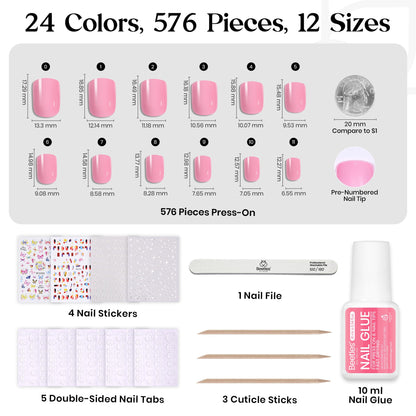Beetles Press on Nails Kit 720Pcs 24 Colors, Press on Nails Short Almond Glossy Matte Glitter With Nail Glue & Nail Tabs Stickers, Natural Fit Lightweight Fake Nails Kit Art For Women Girls