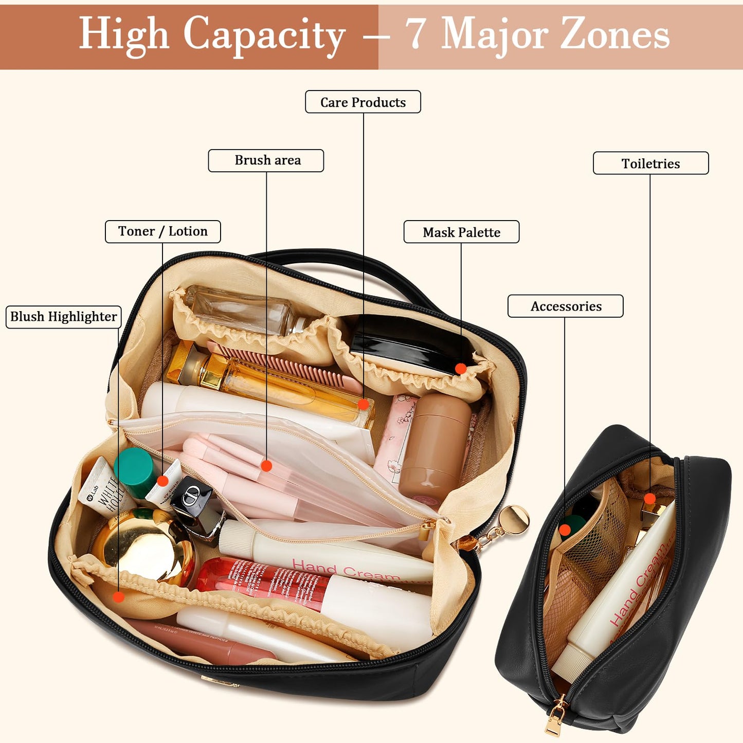 CLOUDWINGS Birthday Gifts for Women Teen Girl, Personalized Initial Makeup Organizer Bag Set, Open Flat Travel Cosmetic Bag With Clear Divider and Handle(Black,A)