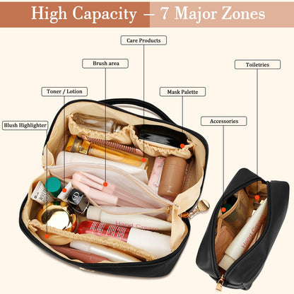 CLOUDWINGS Birthday Gifts for Women Teen Girl, Personalized Initial Makeup Organizer Bag Set, Open Flat Travel Cosmetic Bag With Clear Divider and Handle(Black,A)