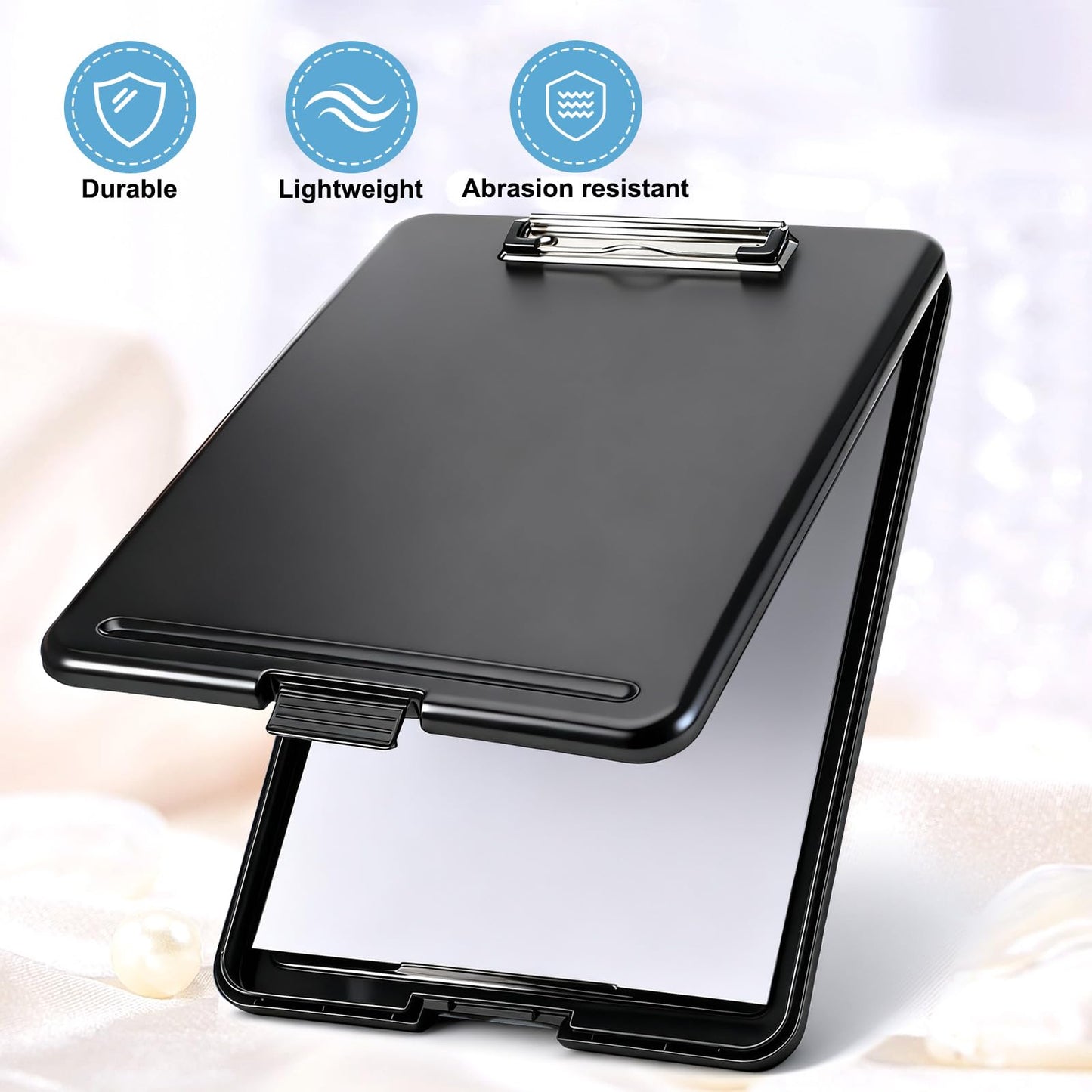SHENLIU 7 Pcs Clipboard with Storage Bulks, 9.5 x 13.5 Inch Black Plastic Foldable Nursing Clipboard with Low Profile Clip for Home Office Utility Medical Personnel Large Capacity