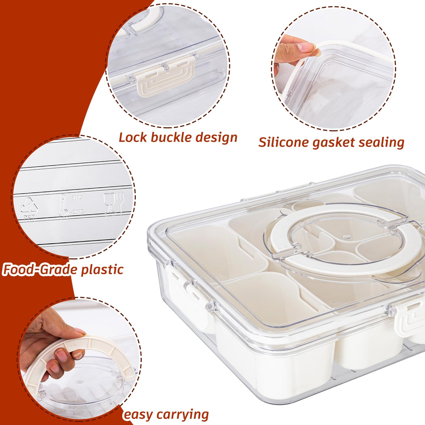 Dingerjar Divided Serving Tray with Lid and Handle - Snackle Box Charcuterie Container for Portable Snack Platters - Clear Organizer for Candy, Fruits, Nuts, Snacks - Perfect for Party, Entertaining