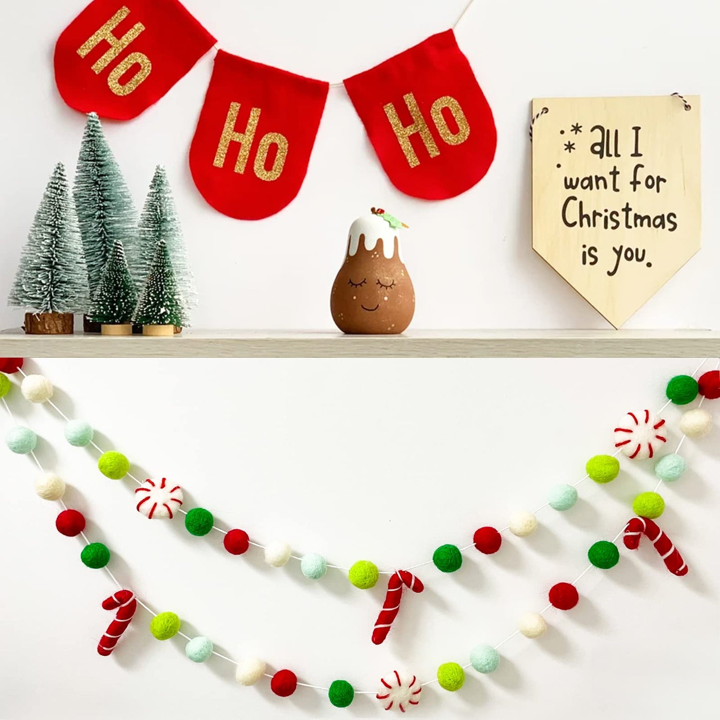 Christmas Felt Ball Garland - Peppermints Candy Cane Pom Pom Garland, Hand-Made from Natural Wool - Cute Hanging Decor for Christmas Tree, Kids Bedroom, Living Room, Nursery Decoration- 6.56 Feet Long