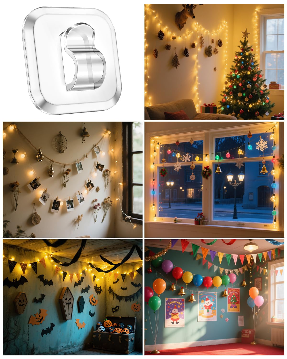 ispneay 100 Mini Light Hooks with Adhesive Strips: Indoor Clear Small String Light Clips Damage Free - Plastic Wall Hook for Hanging - Fairy Tiny Light Cable Hangers Clip Christmas Decoration Decor