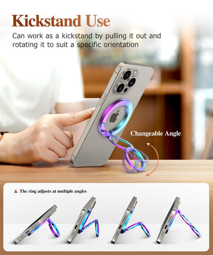 GVIEWIN Magnetic Phone Ring Holder, Compatible with MagSafe Phone Grip with Adjustable Stand, Magnet Phone Ring Kickstand for iPhone 17/16/15/14/13/12 Pro Max Plus Air/Other Phones (Glitter/Silver)