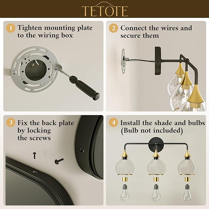 TETOTE 3-Light Modern Bathroom Light Fixtures, 3 Light Vanity Lights Over Mirror Black & Gold Wall Lamp with Clear Glass for Bathroom, Mirror, Living Room, Bedroom, Hallway