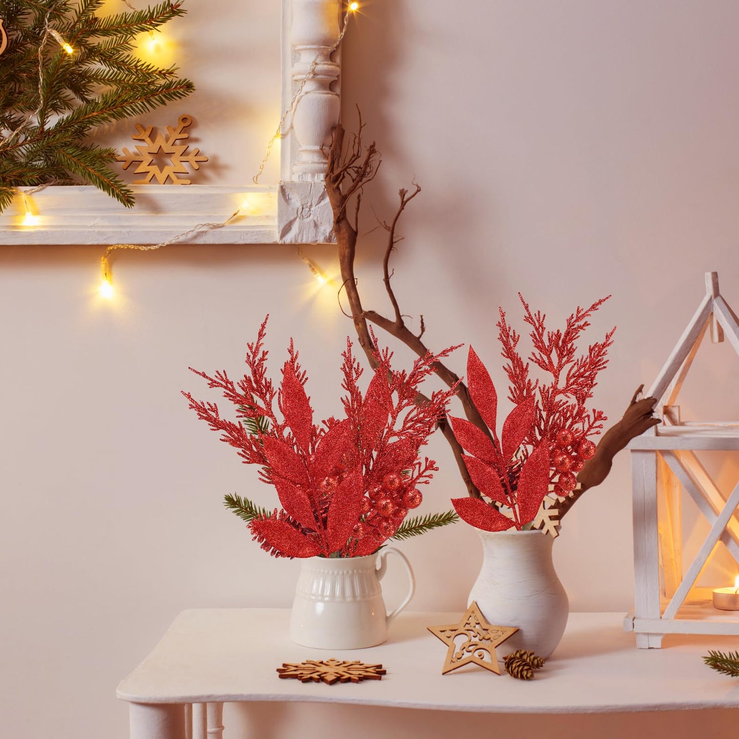 Winlyn 24 Pcs Christmas Artificial Leaf Sprays Pine Needles Pinecone Berries Stems Red Glittered Christmas Decoration Picks 12.2"- 14.2" Tall for Red Christmas Tree Wreaths Seasonal Floral Arrangement