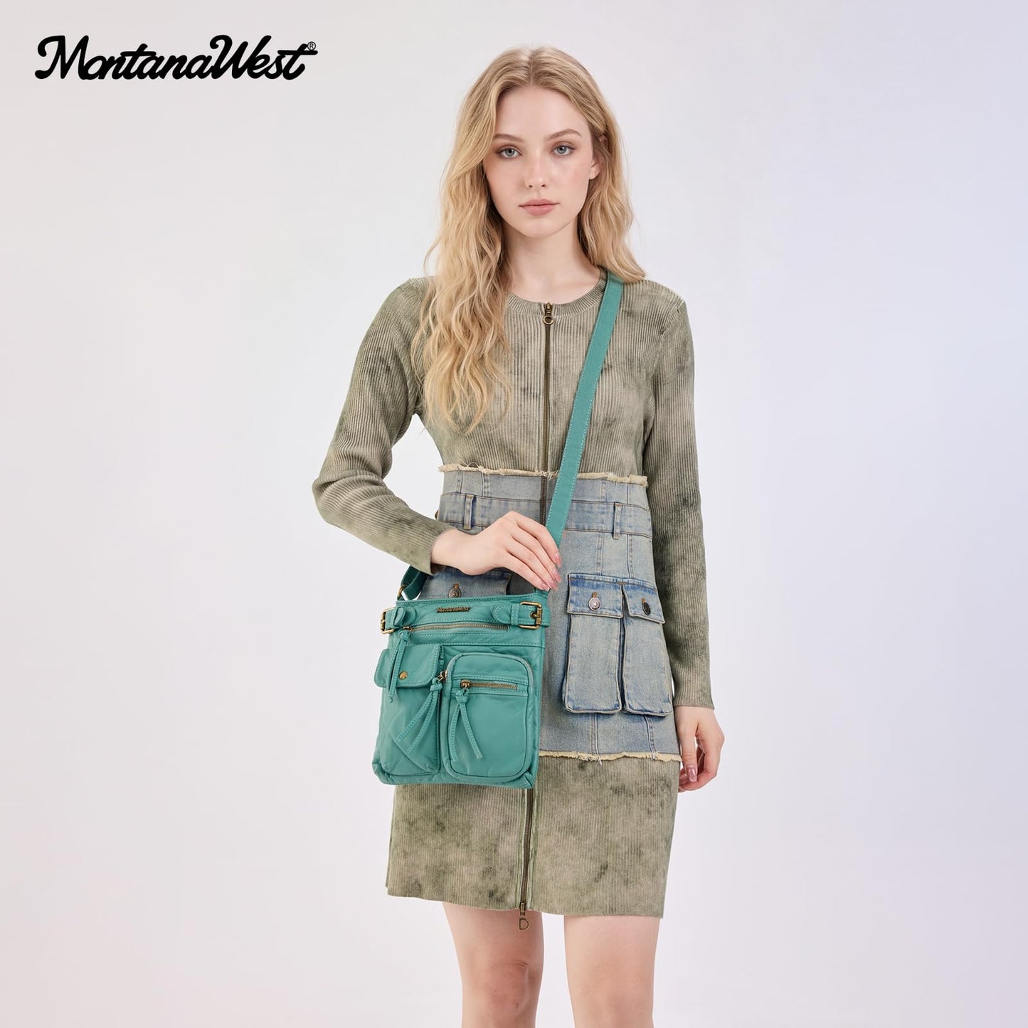 Montana West Crossbody Bag for Women Washed Soft Leather Multi Pocket Purses Vintage Women's Purses and Handbags Turquoise Gift MWC-046TQ