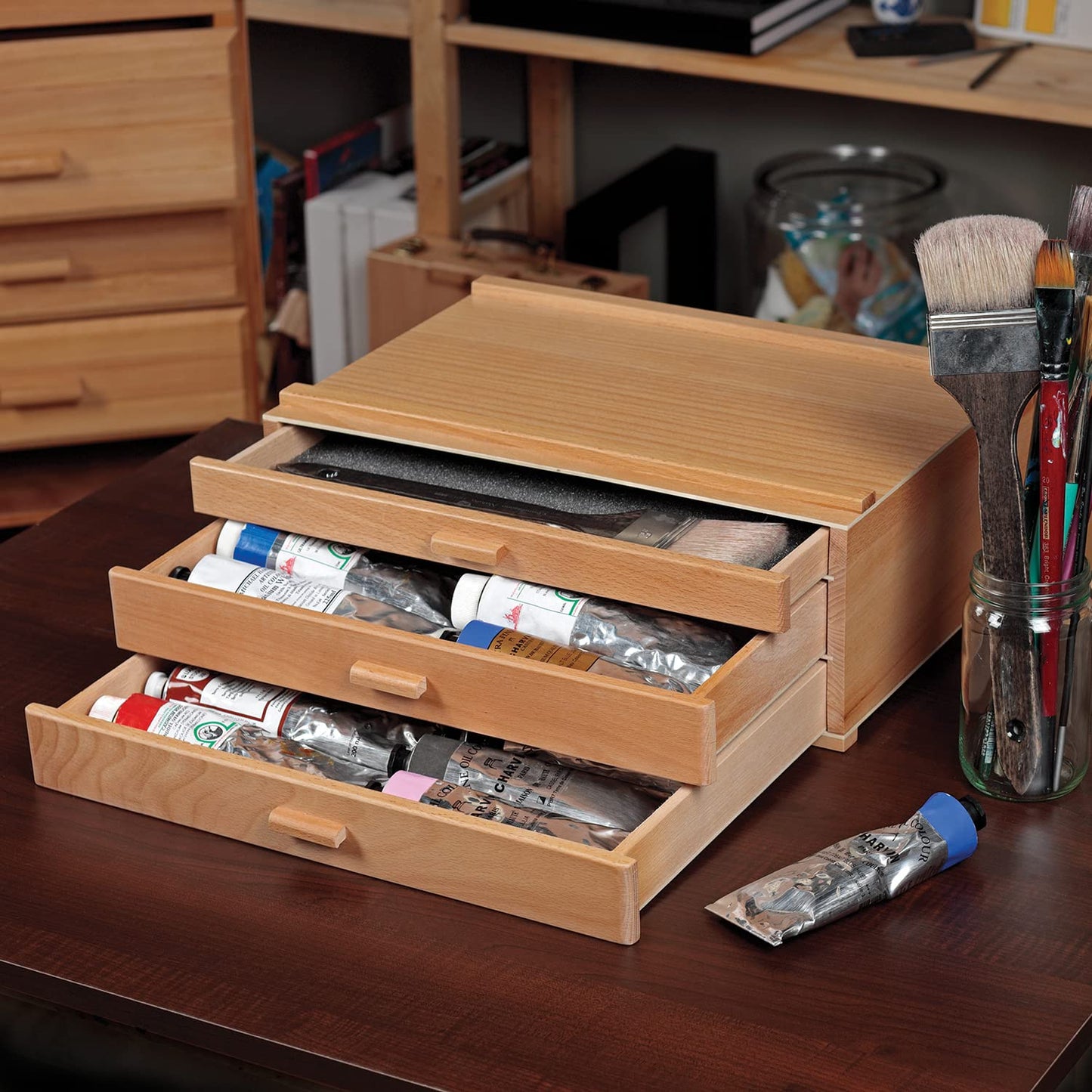 HG Art Concepts Artists Storage Chests - Premium Studio Organizer for Paint Tubes, Brushes, Pecils, Markers, & More! - 3 Drawer - 2 Pack