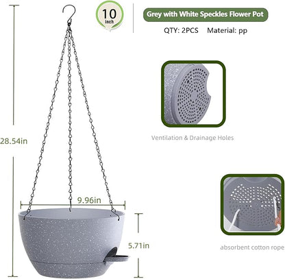 10 Inch Hanging Baskets 2 PC with Chains, Self-Watering Hanging Planters for Indoor Outdoor Plants, Plastic Hanging Flower Pots,Speckled Grey