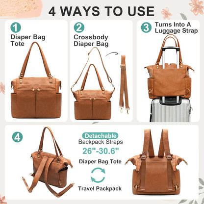 MOMINSIDE Diaper Bag Tote, 4 in 1 Leather Diaper Bag Backpack with 13 Pockets, Convertible Baby Bag for mom,Hospital bag Pañaleras Para Bebe, Changing Pad, 4 Large Insulated Pockets(Brown)
