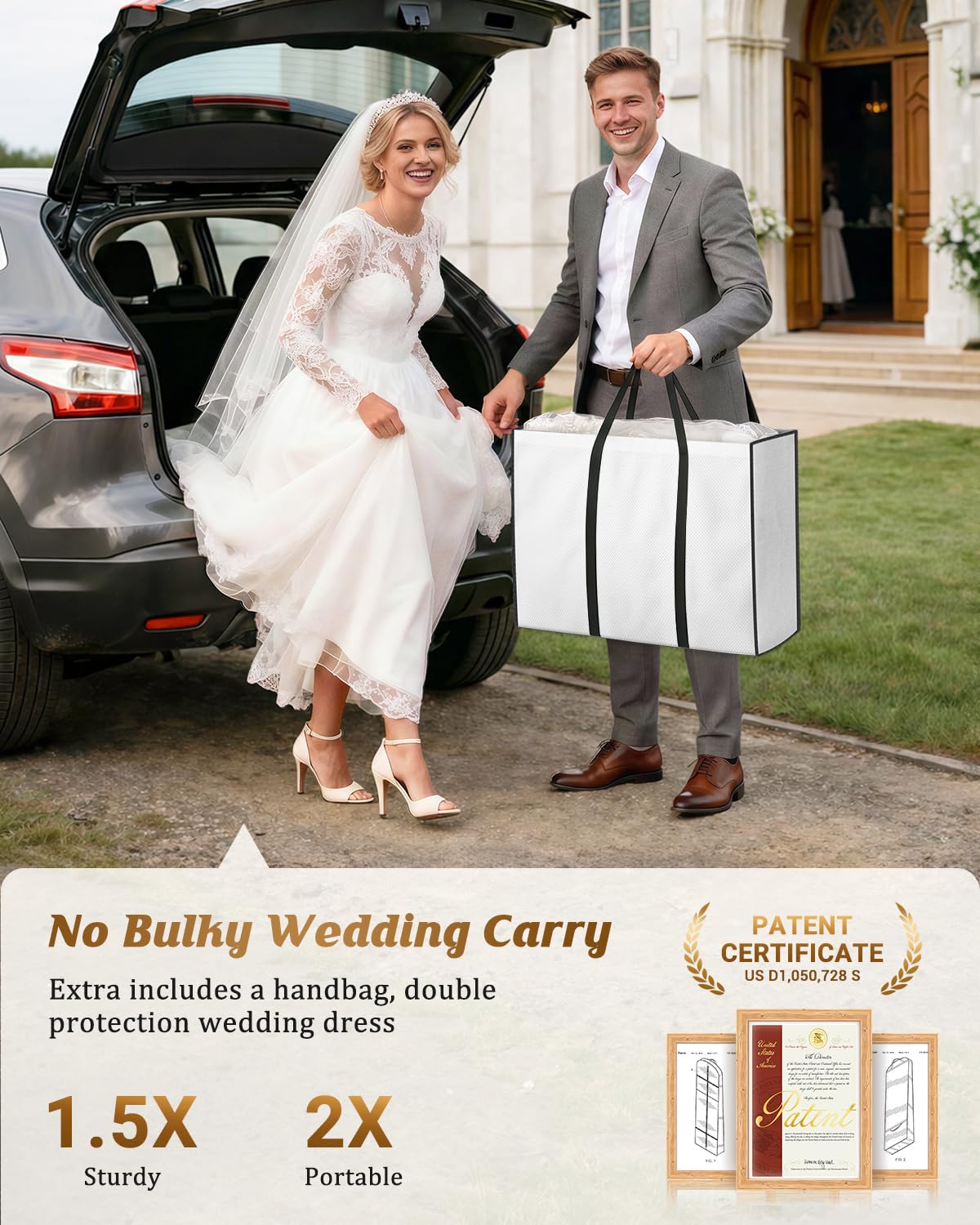 MISSLO Portable 70" Wedding Dress Garment Bag with Bride Tote Bag 8'' Gusseted Dress Bags for Gowns Long 4 Pockets Dress Cover for Women, White