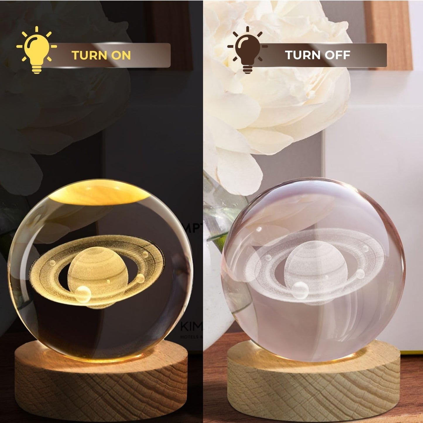 Flexzion 3D Saturn Crystal Ball Night Light - LED Light Hologram Glass Lamp with Solid Wood Base, USB Powered Crystal Ball Lamp with Adjustable Brightness for Home Decor Display Gift, 2.4inch(60mm)