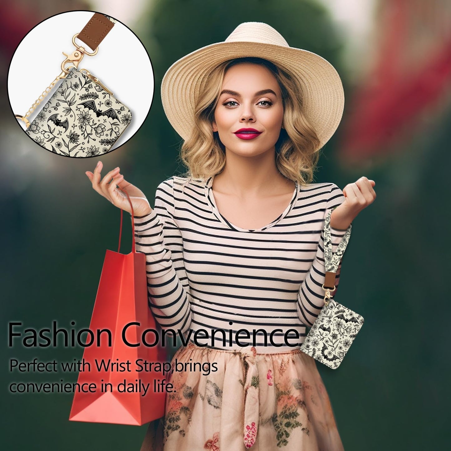 Blusabaca Credit Card Holder for Women, Goth Small RFID Blocking Wallet with Wristlet Strap, Gothic Zipper Keychain Women Wallet, Leather Card Case Wallet Purse with Key Lanyard