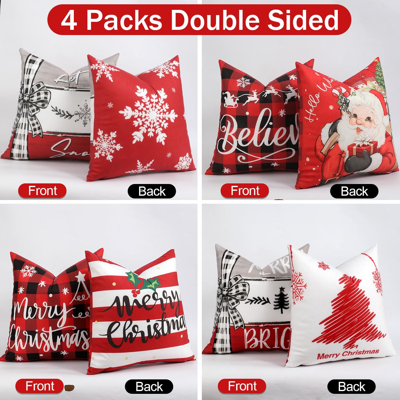 TOYPOPOR Christmas Decorations, Double Sided Throw Pillow Covers 18x18 Inches Set of 4, Christmas Tree, Snowflakes, Merry Christmas, Snowman Reindeer Cushion Case for Farmhouse Home Holiday Decor
