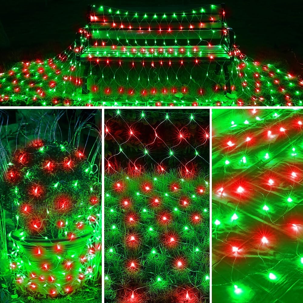 198 LED 9.8 FT*6.6 FT Net Lights Plug in, 8 Lighting Modes Mesh Light Connectable, Waterproof Christmas Net Lights Outdoor for Bushes, Wedding, Holiday, Garden, Xmas Tree Decorations(Red and Green)