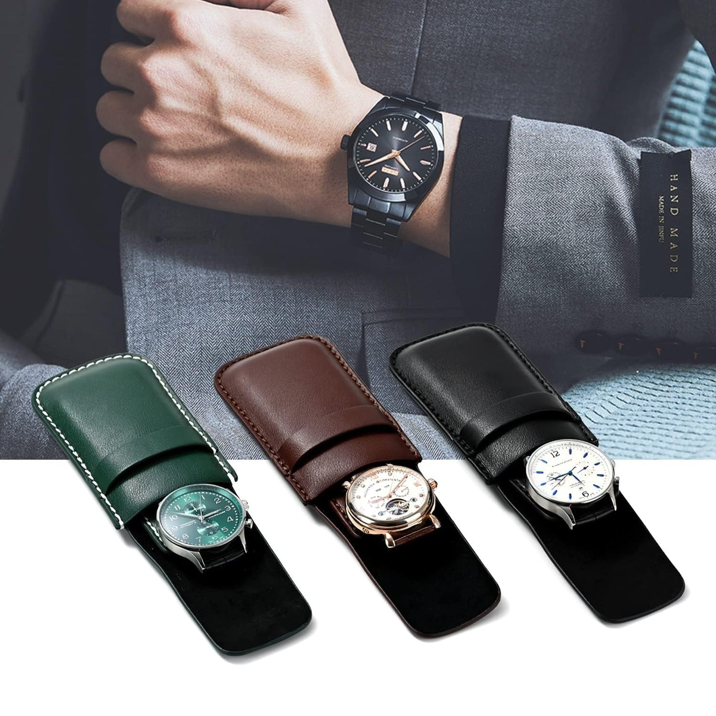 Papten Luxury PU Leather Watch Pouches Portable Single Watch Travel Case Travel Bag For Travelling Business Trip (Green)