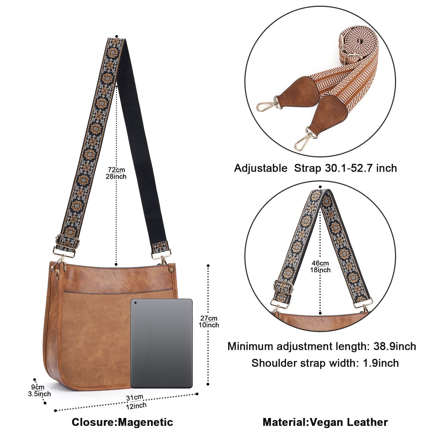 HKCLUF Crossbody Bags for Women Trendy Vegan Leather Hobo Handbags With 2PCS Adjustable Guitar Strap Crossbody Shoulder Bag Purse For Women(Stitching Brown)