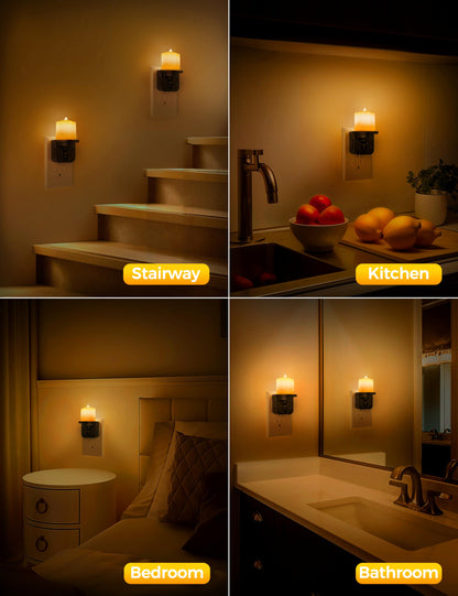 Briignite Flameless Candle Night Lights, Amber Plug-in 2 Pack, LED Candle with Light Sensor, 0-100LM Dimmable, Kids Hallway Bathroom Nightlight