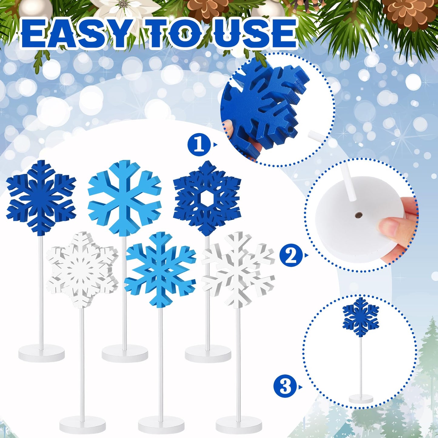 Wenqik 6 Pcs Winter Snowflake Table Decor Wooden Christmas Winter Snowflakes Table Centerpiece Standing Tabletop Sign Blue White Rustic Fireplace Home Decor for Party Decoration