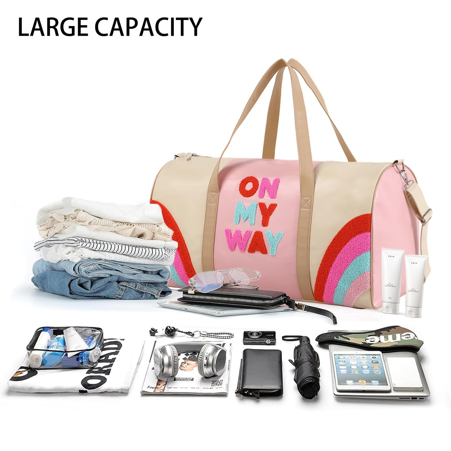 DYSHAYEN Chenille Letter Travel Duffle Bag Large PU Leather Weekender Overnight Bag for Women Carry on Bags Travel Tote（On My Way）