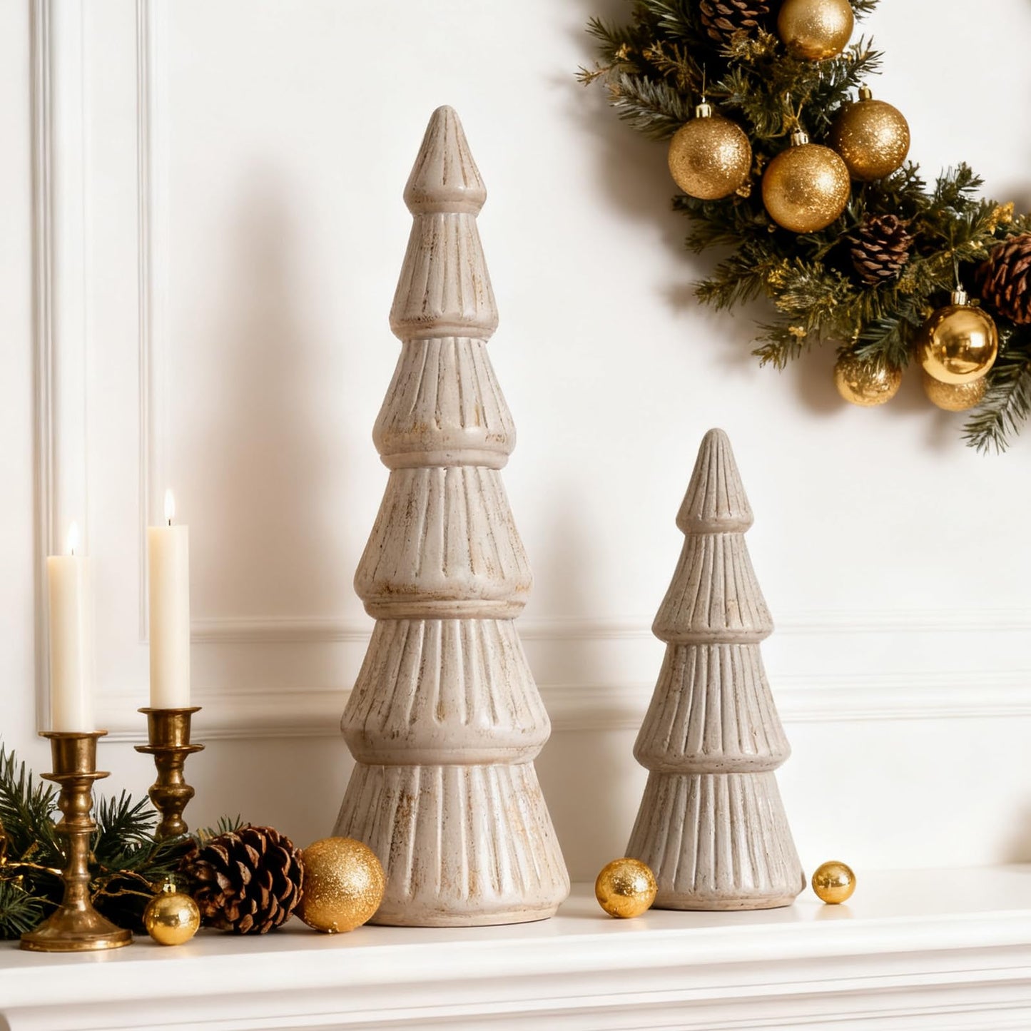 WONDROUS' DECO Wooden Christmas Tree Figurine, Tabletop Pink and Gold Tree Figurine, Set of 2 Desk Centerpieces for Christmas Decor