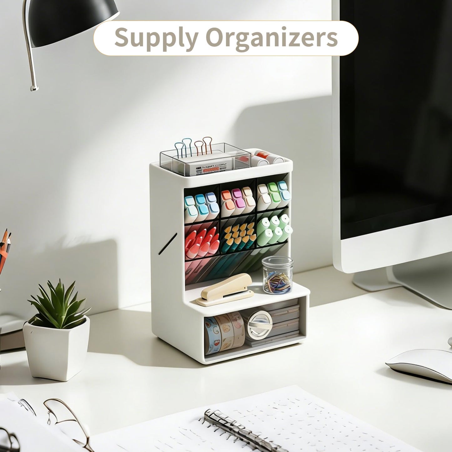 Veystor Pen Organizer with Drawer, 6 Compartments Desk Pencil Holder for Stationery & Craft, Multi-Purpose Art Supply Organizers for Office Desktop, Vanity, Bathroom, Pantry & Home Storage