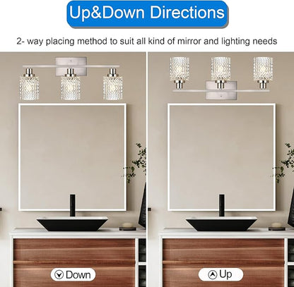 MELUCEE 3 Lights Bathroom Light Fixtures Brushed Nickel Modern Vanity Lights Indoor Wall Mounted Light with Hammered Glass Shade Suitable for Bathroom Living Room Hallway