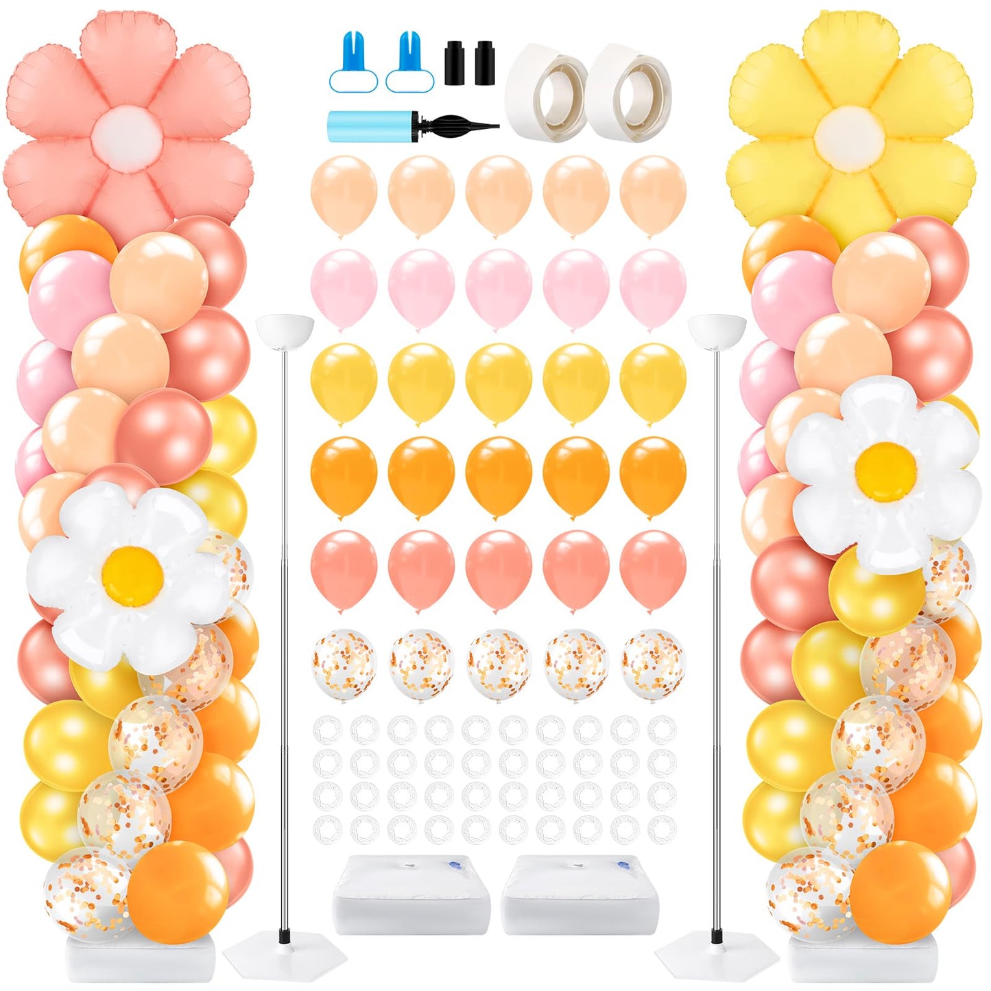 Kasyat 2 Sets Groovy Balloon Column Stand Kit Boho Daisy Macaron Pink Yellow Orange Pastel Retro Flower Balloons Arch Garland Kit for Baby Shower Birthday Wedding Hippie Flower Party Decoration